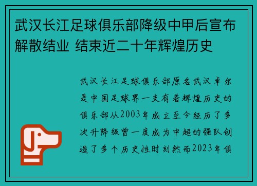 武汉长江足球俱乐部降级中甲后宣布解散结业 结束近二十年辉煌历史